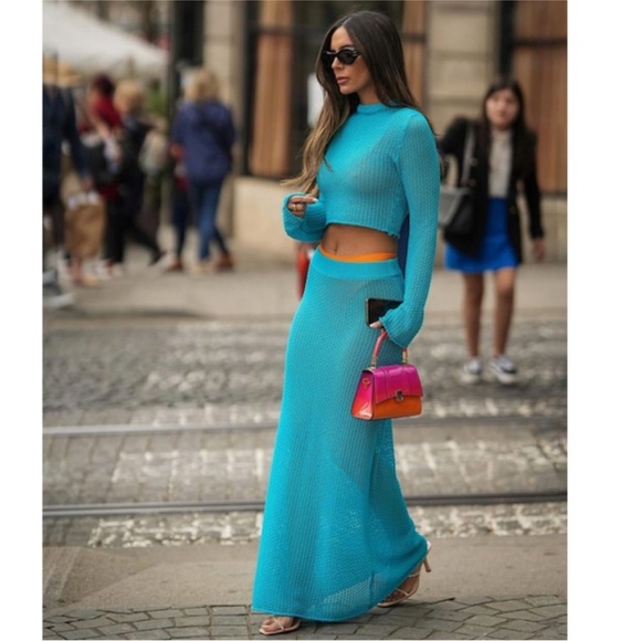 Zara Blue Pointelle Knit Sweater And Skirt Set BLOGGERS favorite! Size M EUC - Picture 3 of 16